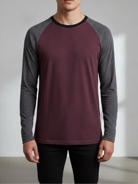 Old Navy Men’s Maroon Raglan Long Sleeve Burgundy Body / Gray Shirt Size Large